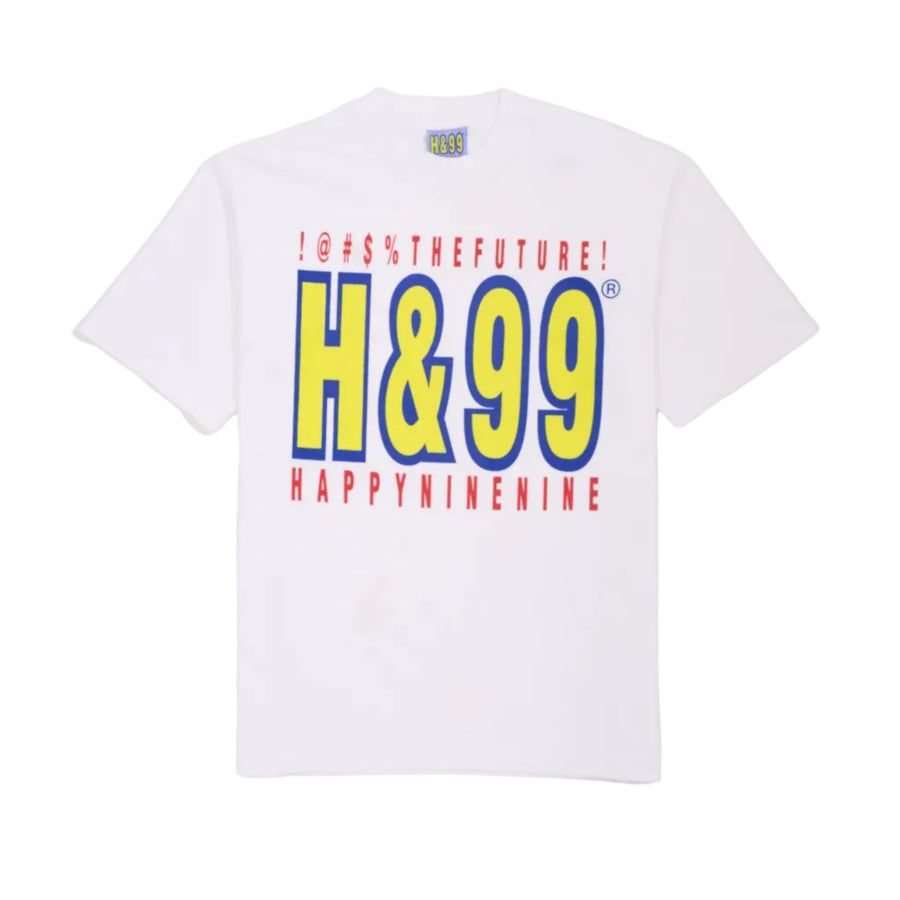 White t-shirt with colorful text on a white background