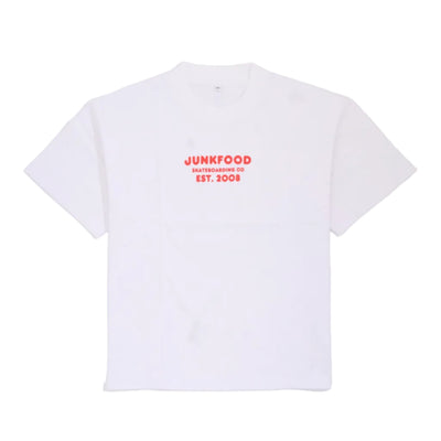White T-Shirt with a red logo on a white background
