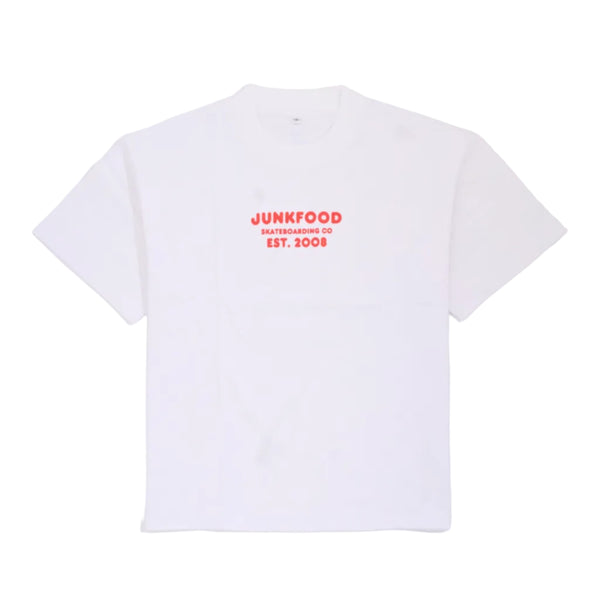 White T-Shirt with a red logo on a white background
