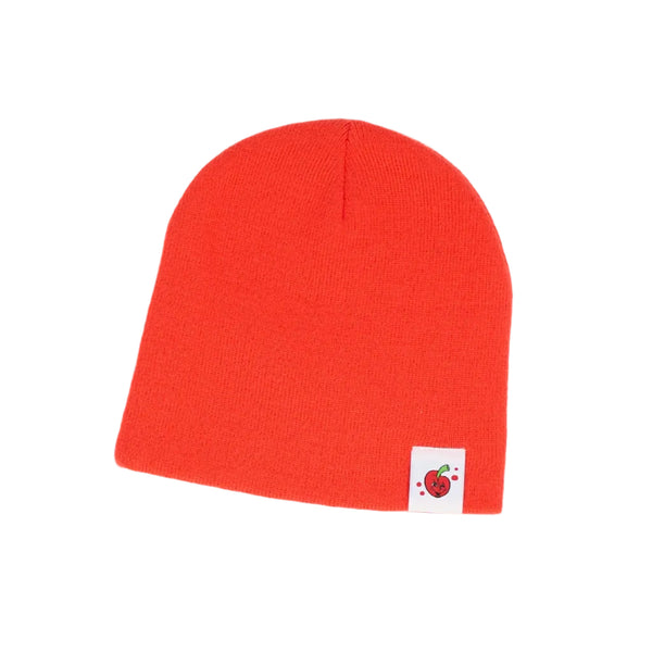 Red beanie with a logo on a white background